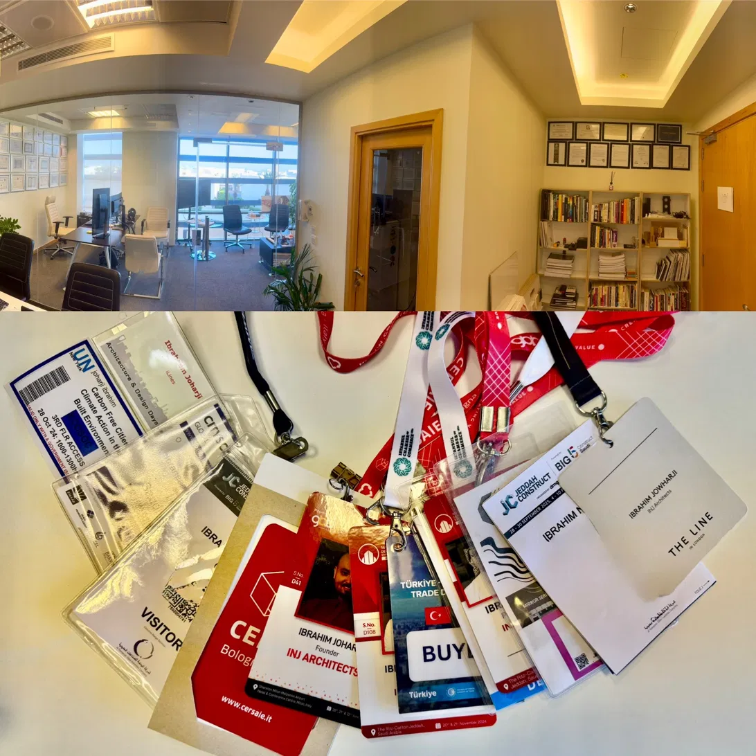 Ibrahim Joharji INJ Architects office Jeddah professional certificates wall international conference badges Cersaie Bologna THE LINE NEOM UN Climate Forum BIG5 Jeddah Turkey Trade Mission